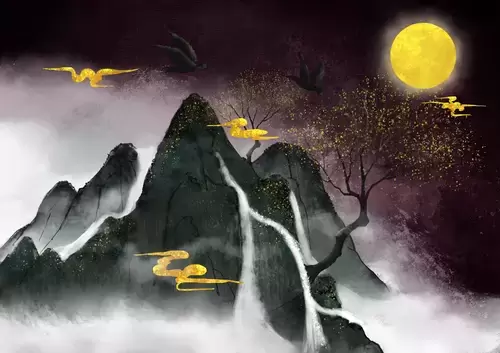 山水壁画-圆月之夜插图