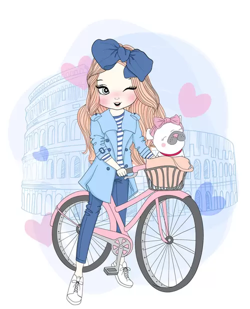 时尚女孩-卡通-单车女孩插图