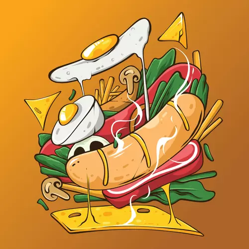 漫画风食物-快餐-鸡蛋-火腿肠插图