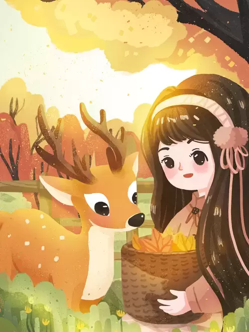 立秋-小女孩与梅花鹿插图
