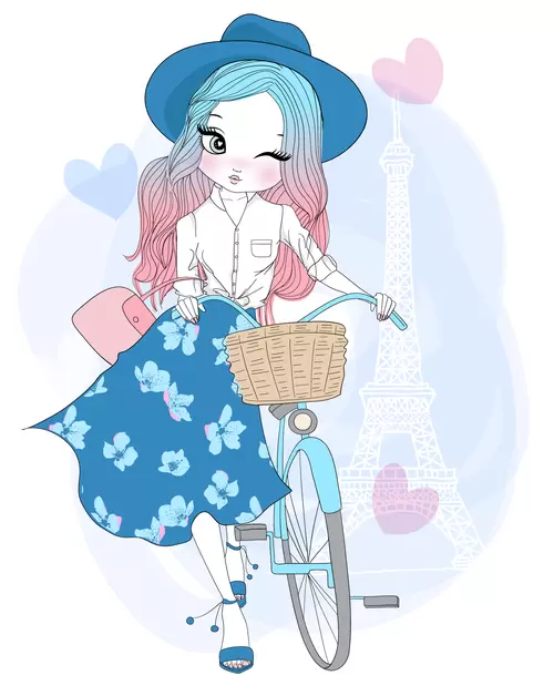 时尚女孩-卡通-骑单车的蓝花裙女孩插图