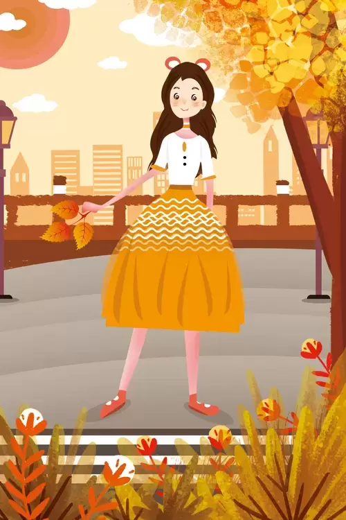 立秋-拿树叶的可爱女孩插图