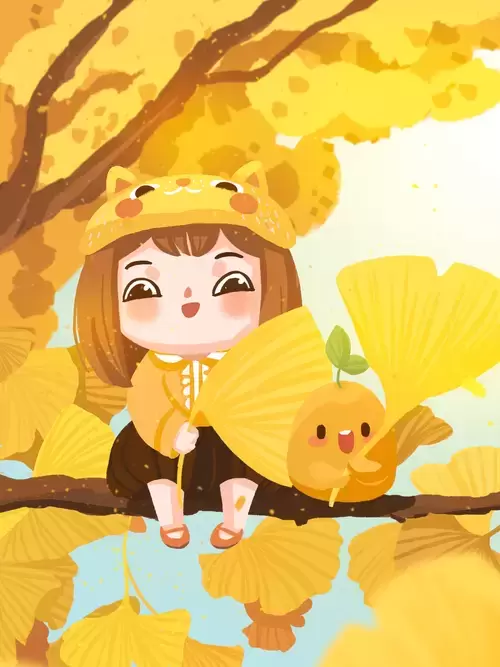 立秋-坐在树枝上的女孩-银杏叶插图
