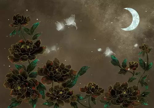 山水壁画-月光下的牡丹插图