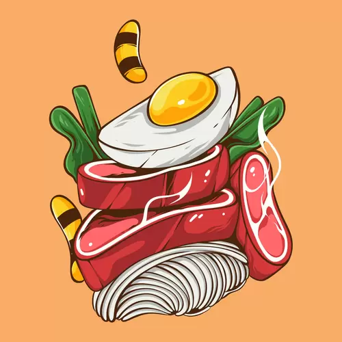 漫画风食物-快餐-鸡蛋-肉-蔬菜插图