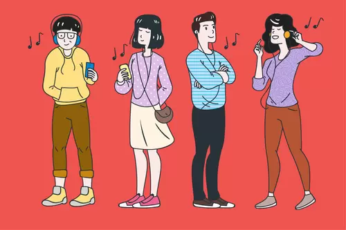 男生女生-卡通形象-听歌-音乐插图
