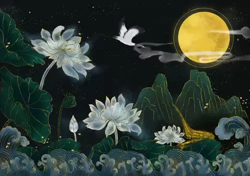 山水壁画-月光下的荷花插图