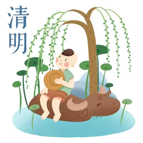 清明节-坐牛背上过河的少年插图