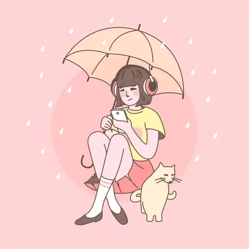 男生女生-卡通形象-雨中听歌少女插图