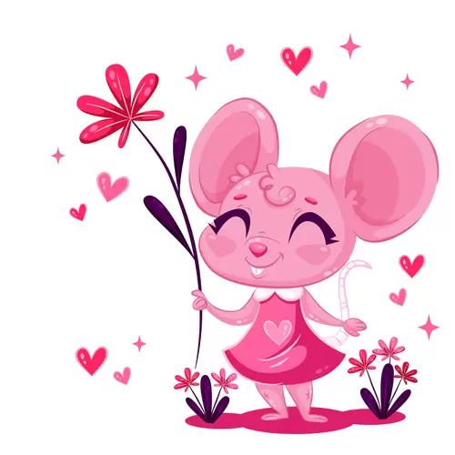 小动物-粉色老鼠-花插图
